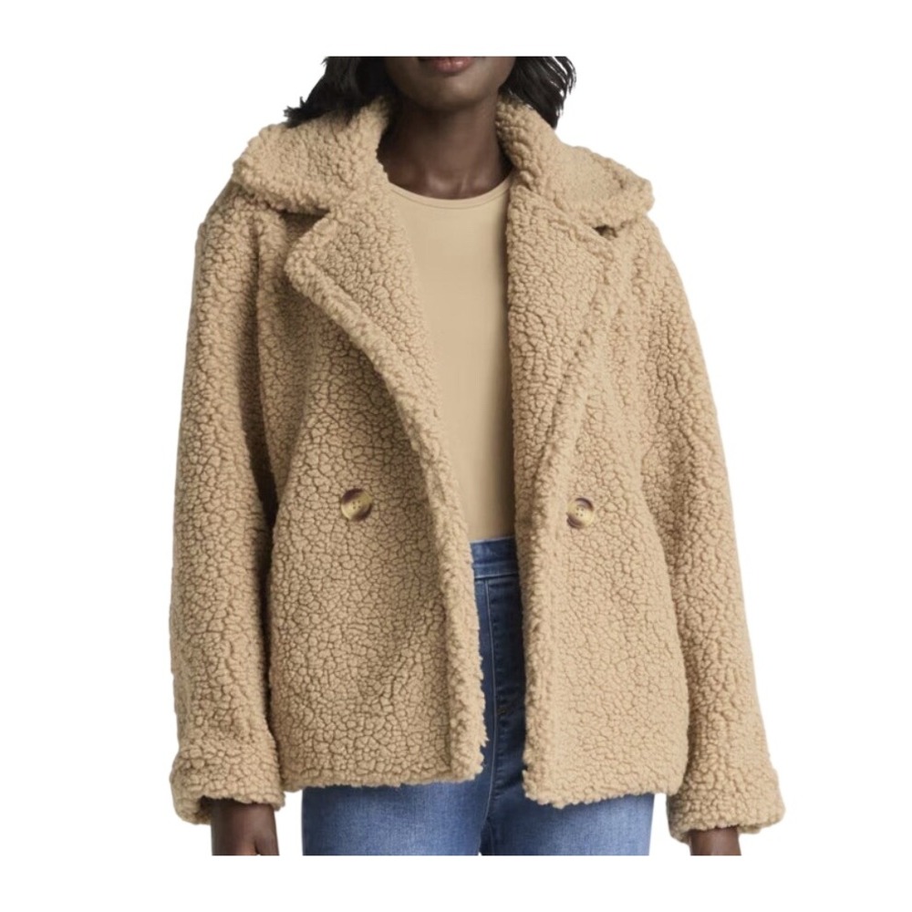 Beige Womens chore coat Teddy Sherpa Pea Coat Chore Coat Sz Medium Fall Preppy